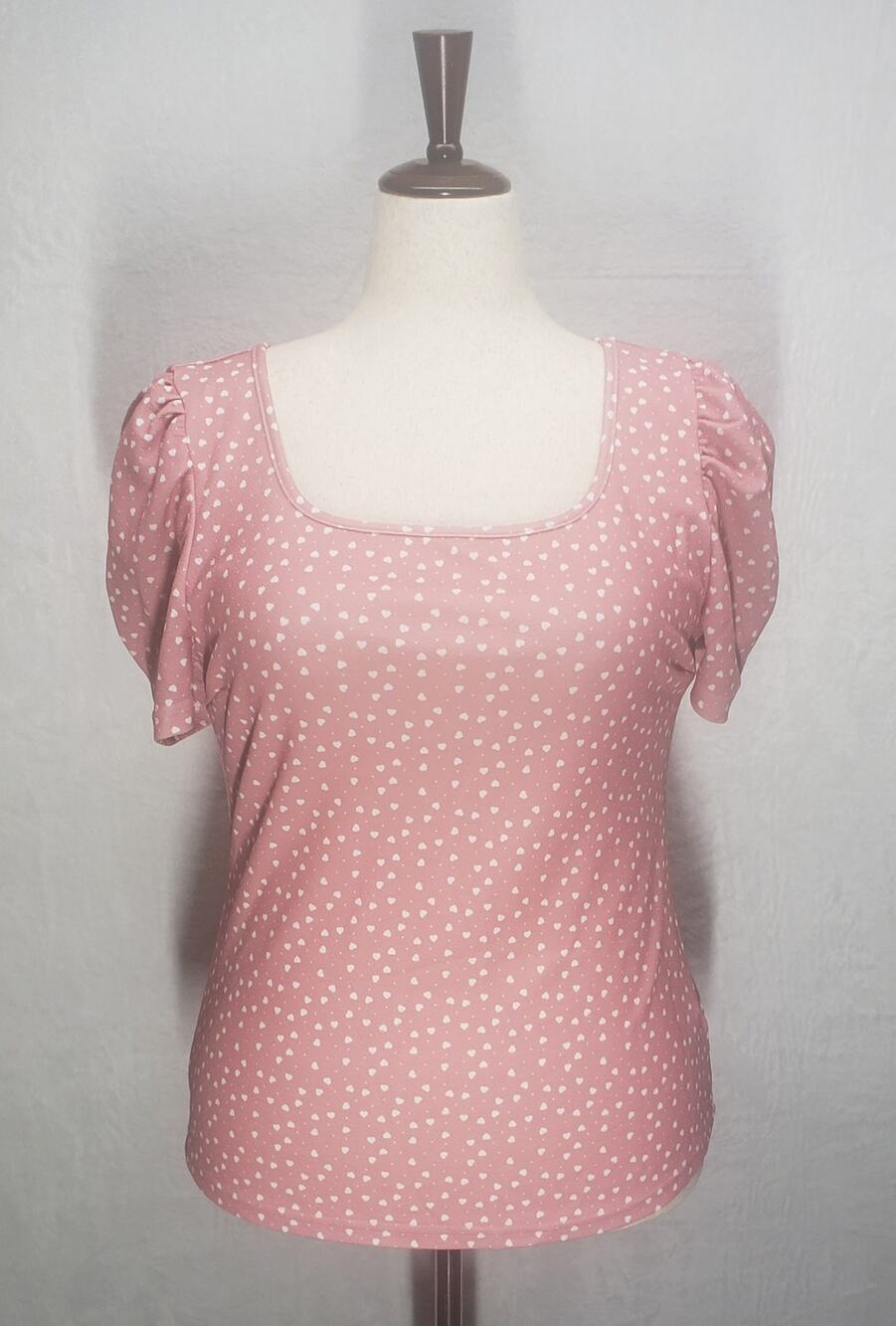In'Voland 16W Blush Pink Puff Sleeve Heart Print Top Plus Size Cozy Soft Blouse